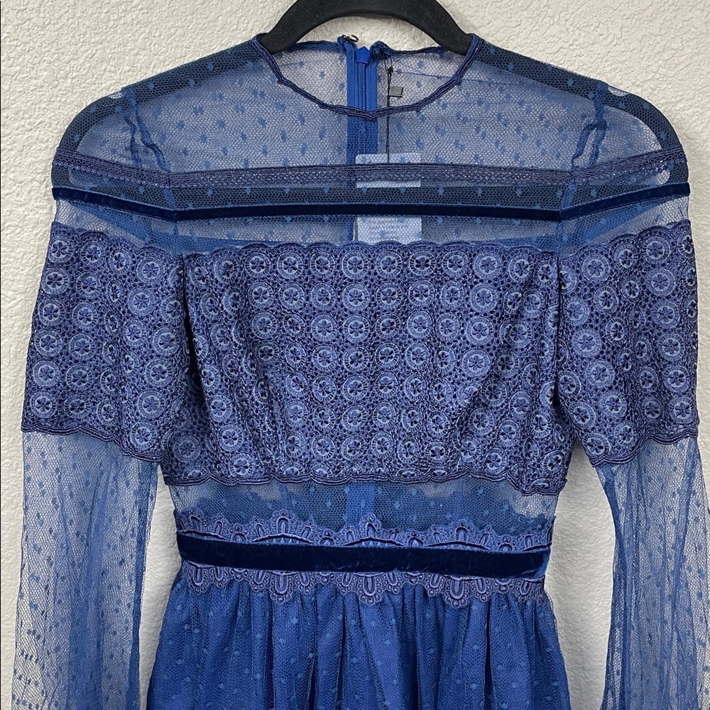 NWT Costarellos Blue Lace Panelled Maxi Dress Prairie Dot Tulle Sz 34 - Picture 4 of 15